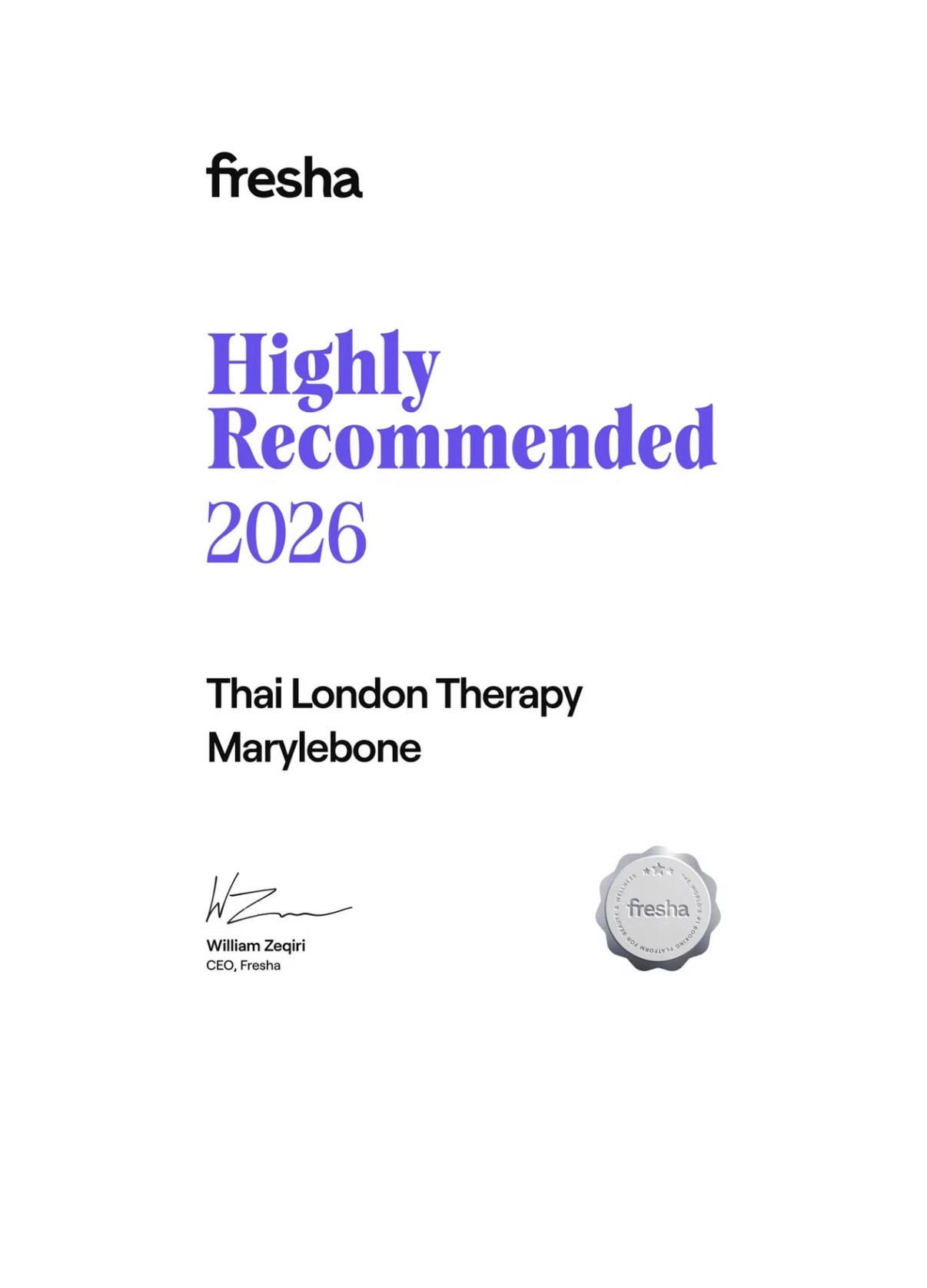Fresha Highly Recommended 2026 certificate awarded to Thai London Therapy Marylebone